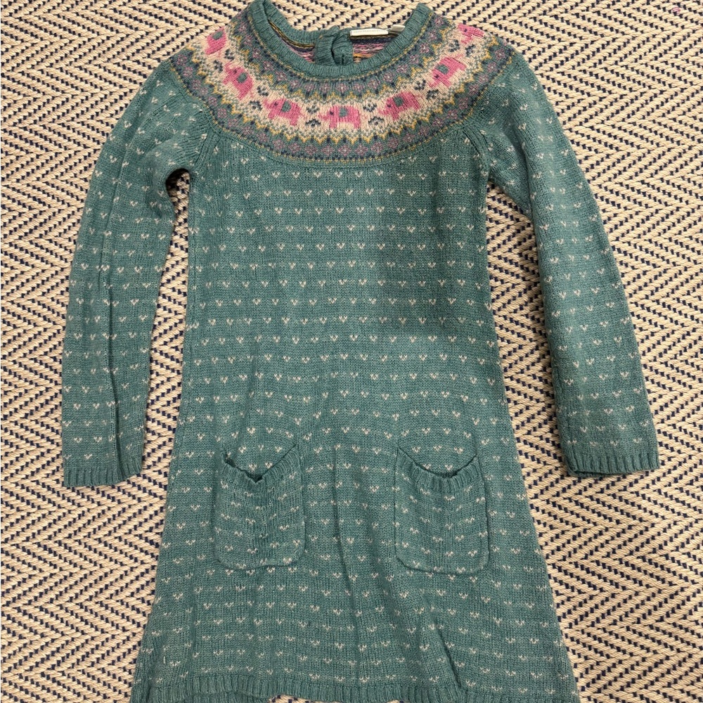 JoJo Maman Bebe Teal Sweater Dress with Pink and White Details 4-5y